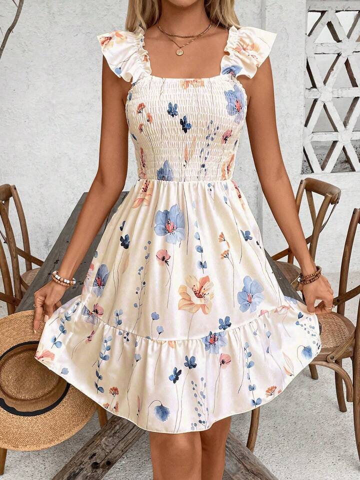 Dame Smocked Floral Ruffle Mini Kjole Stilla