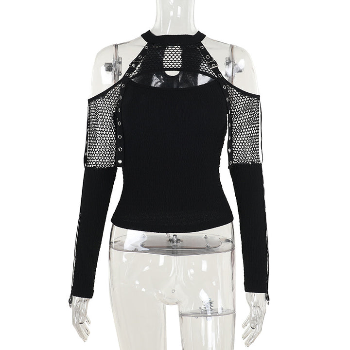 Dame mode top med unikt cut-out design og netdetaljer Skovae