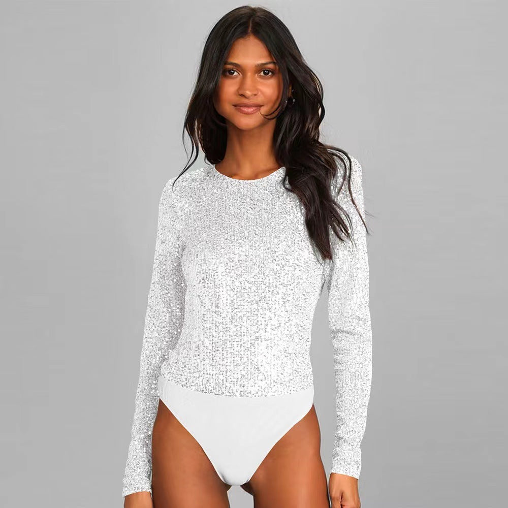 Dame glitrende bodystocking med lange ærmer og glitrende overmateriale Skovae