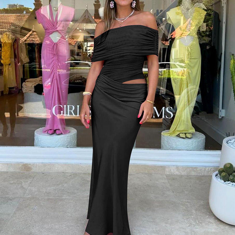 Dame elegant Off-Shoulder Maxikjole med figurformende V-hals design Skovae