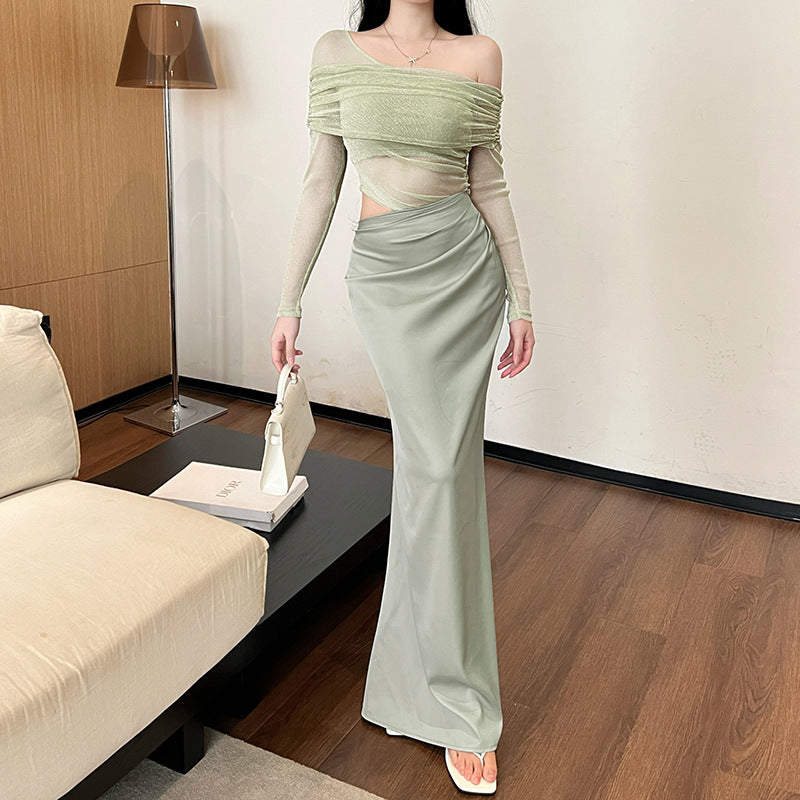 Kvinder Rynkning Off-Shoulder Maxi Kjole Stilla
