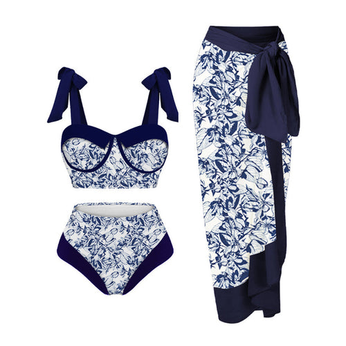 Dame HøjTaljet Floral Print Bikini Sæt med matchende Wickelrock Stilla