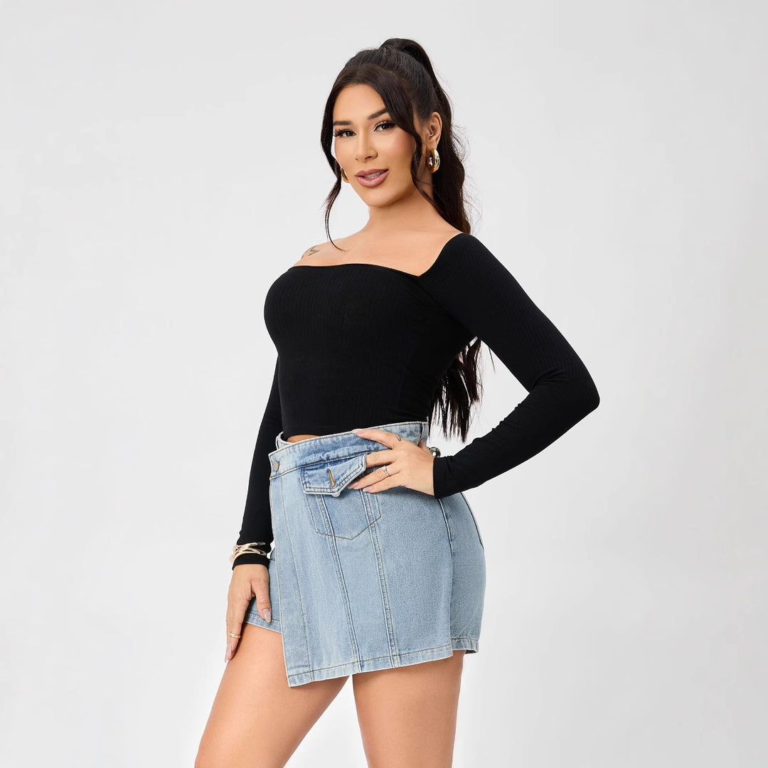 Dame Off-Shoulder Top med figursyet snit og jeansnederdel Stilla
