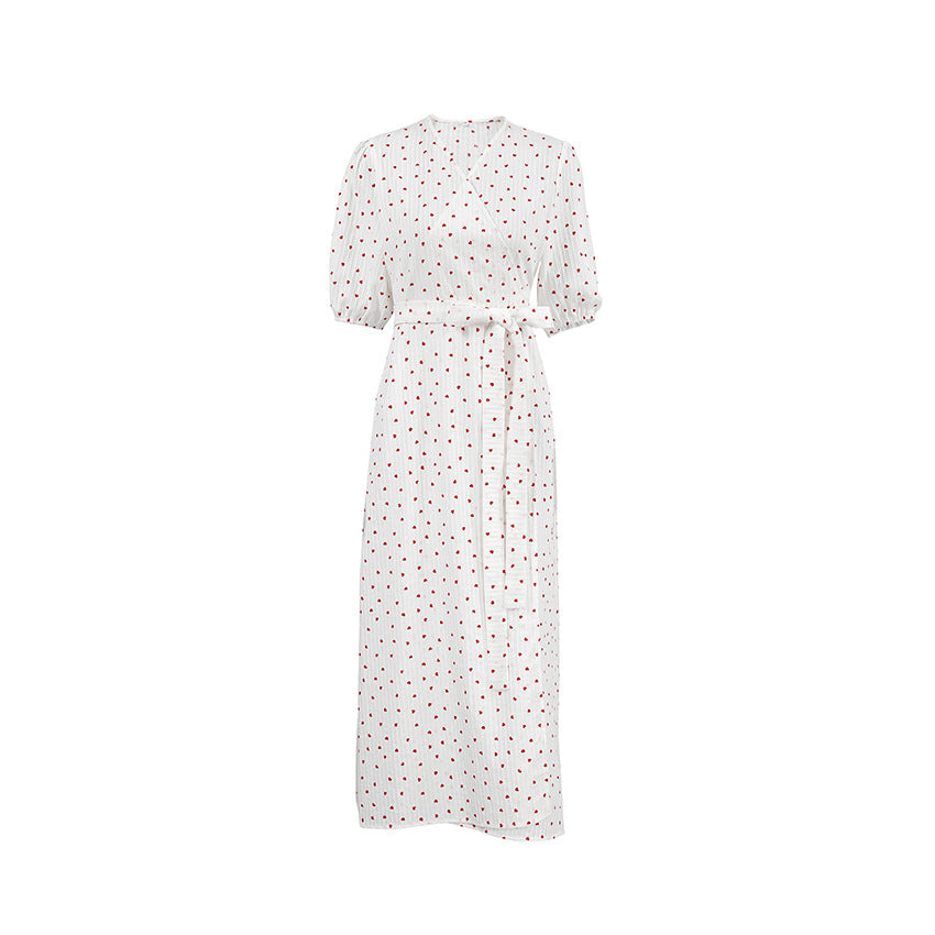 Dame omslagskjole med voluminøse ærmer og trendy polka-prikker Stilla