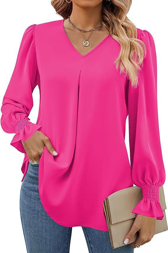 Dame Elegant Bluse med V-udskæring og Pufærmer Stilla