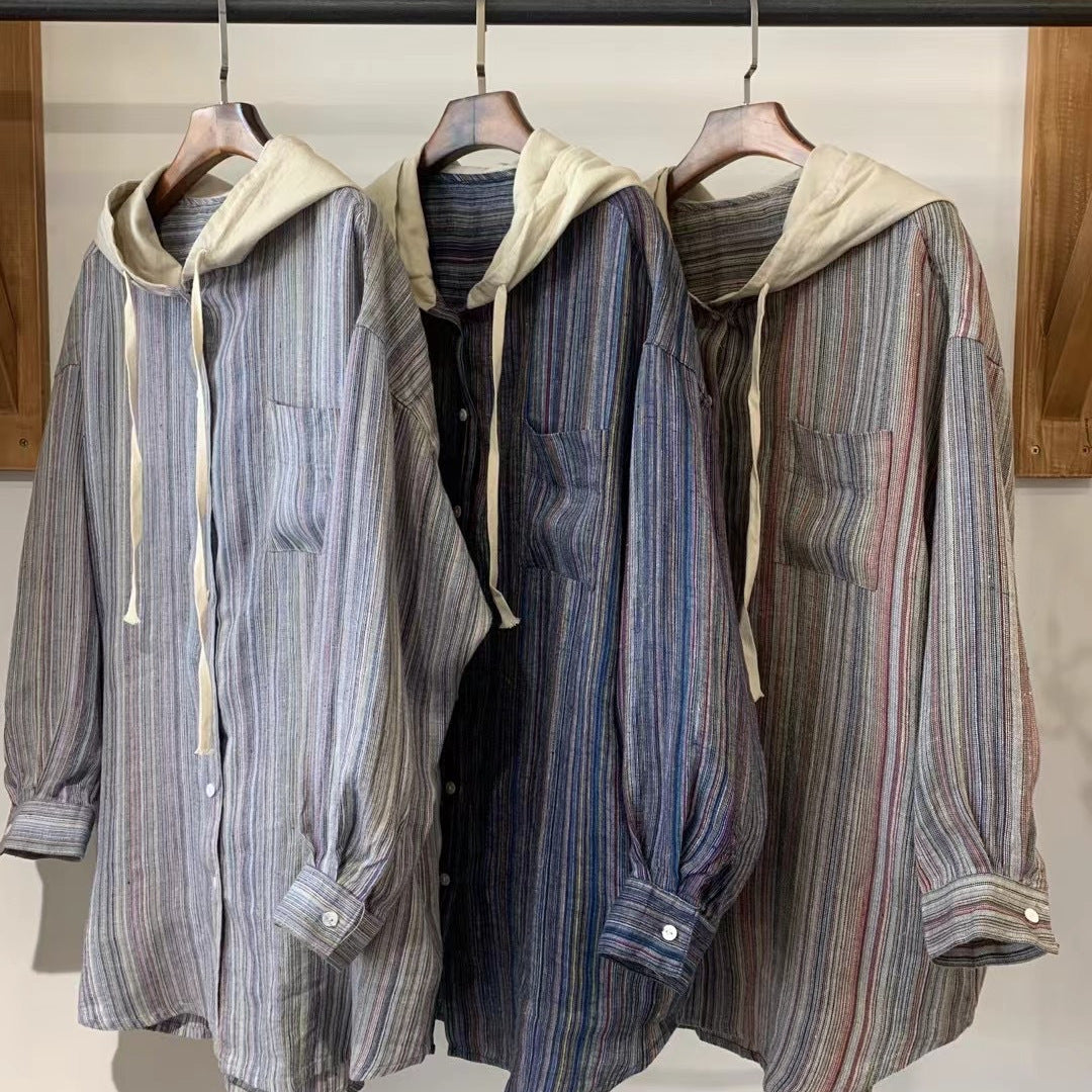 Femme Stribet Overdimensioneret Button-Up Skjorte med Hætte Stilla