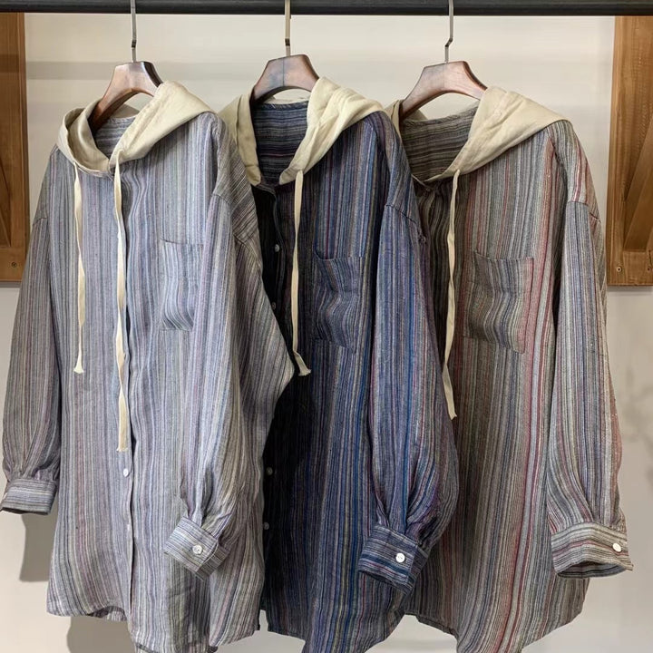 Femme Stribet Overdimensioneret Button-Up Skjorte med Hætte Stilla