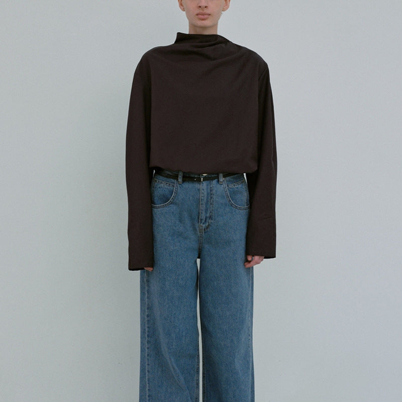 Kvinder Elegant Top med Asymmetrisk Krave og Lange Ærmer Stilla