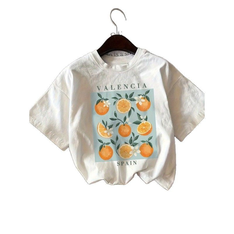 Dame T-shirt med frisk Valencia-appelsinmotiv og blomstertryk Stilla