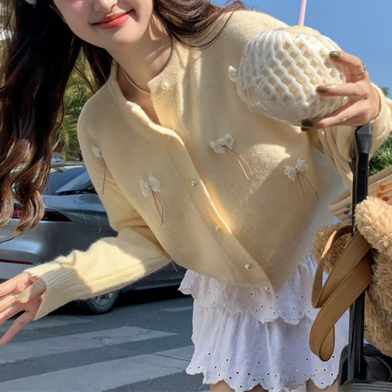 Kvinders Kawaii Cardigan med dekorative sløjfer og perler Stilla