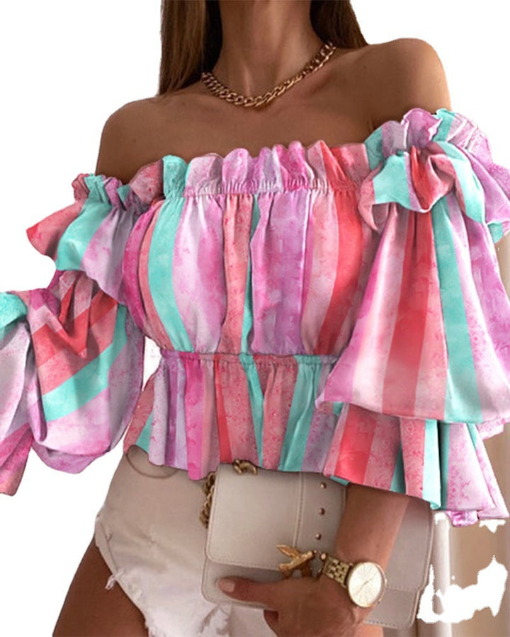 Dame Off-Shoulder Bluse med voluminøse ærmer og blomstrede mønstre Stilla
