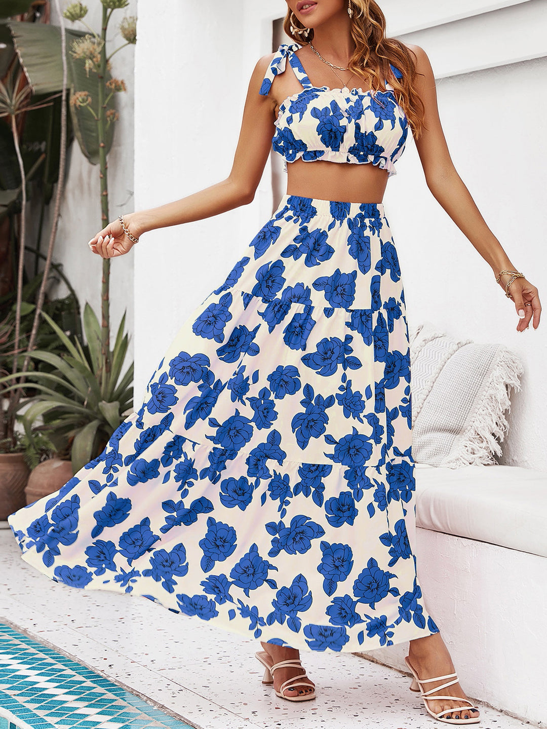 Dame Boho Maxikjole med blomsterprint og justerbare stropper Stilla