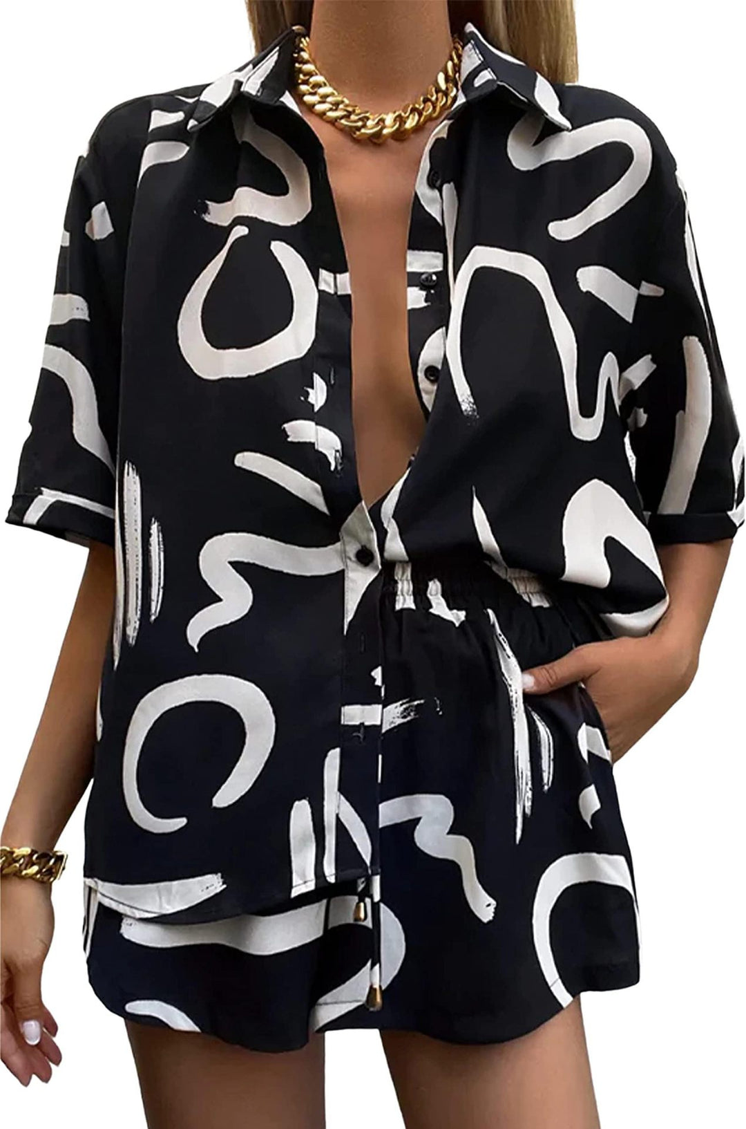 Dame løs bluse skjorte med elastisk bånd og grafisk mønster Stilla