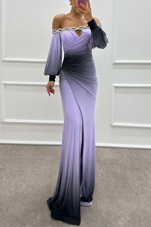 Dame Off-Shoulder Aftenkjole med draperet talje og glitrende applikationer Stiila