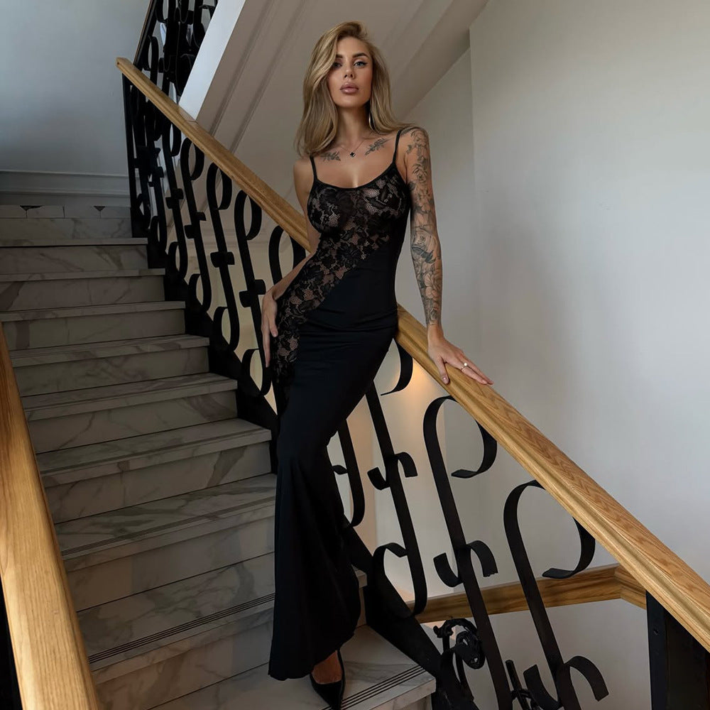 Dame Elegant Langærmet Maxikjole med filigran Blondeapplikation Skovae