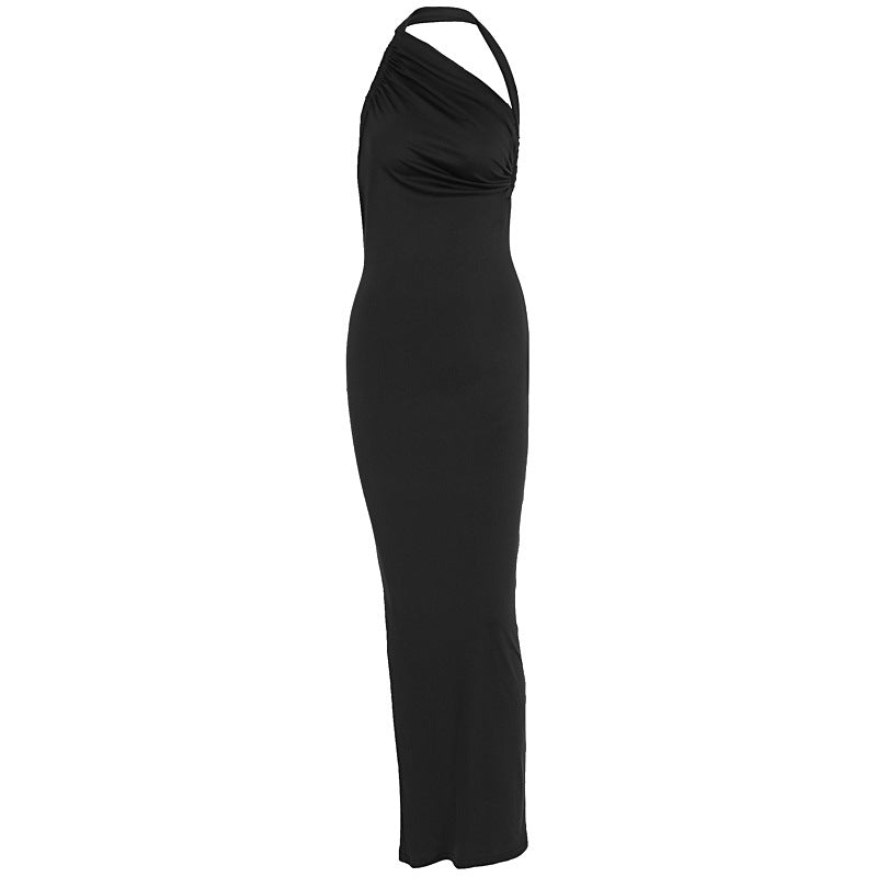 Dame Elegant langt omslagskjole med skulderfri design og rynket overdel Skovae