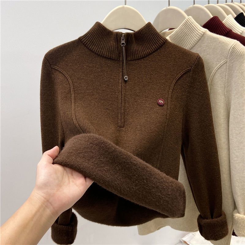 Kvinders strikket pullover med opretstående krave og lynlås Stilla