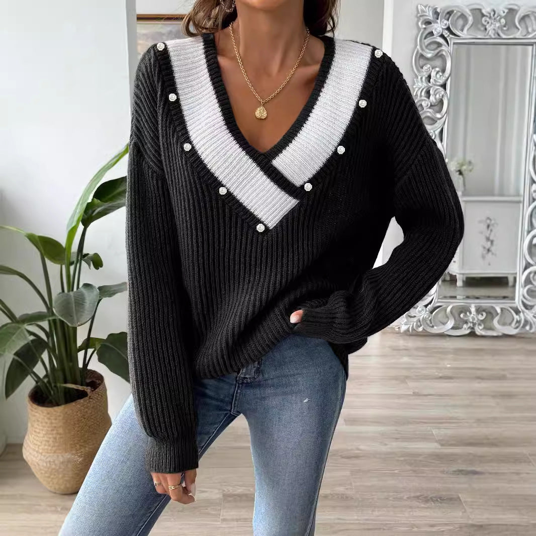 Dame elegant strikpullover med moderne V-udskæring og perleudsmykning Stilla
