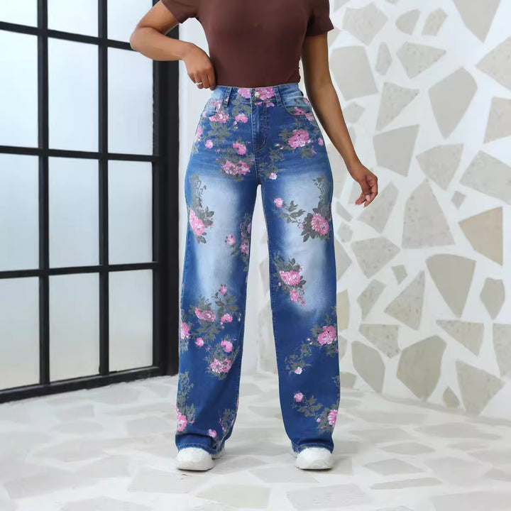 Dame bredtsnit jeans med blomsterprint Stilla