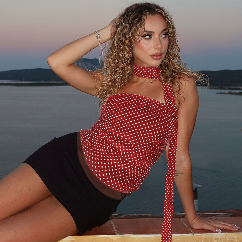 Dame Polka-Dots Bandeau-top med bindebånd og elastisk materiale Stilla