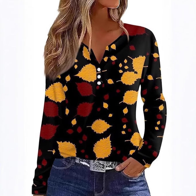 Dame V-hals bluse med farverig bladtryk Stilla