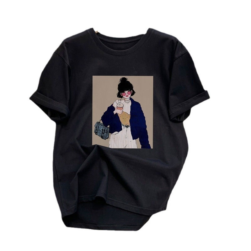 Dame T-shirt med kreativ modeillustrationstryk og afslappet snit Stilla