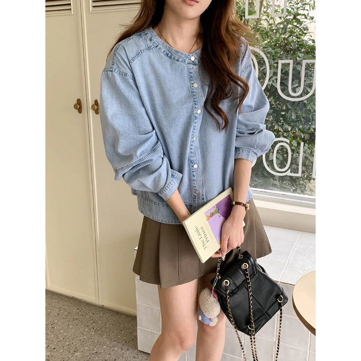 Kvinders fashionable denim bluse med puffærmer Stilla