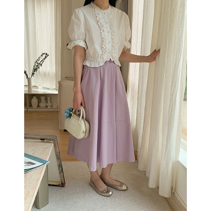 Dame romantisk bluse med ruffles detaljer og smukke knap dekorationer Stilla
