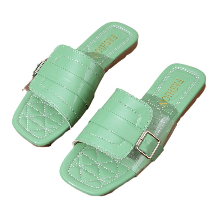 Dame slide-sandaler med gennemsigtig rem og moderne kædeforbindelse Stilla