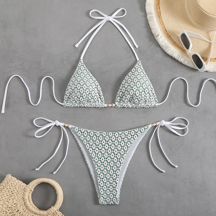 Dame Triangel Bikini Sæt med justerbare Bindebånd og blomster mønster Stilla