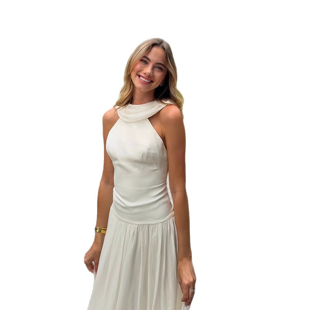 Dame Elegant Maxi-kjole med flot ståkrave og flydende skirt Stilla