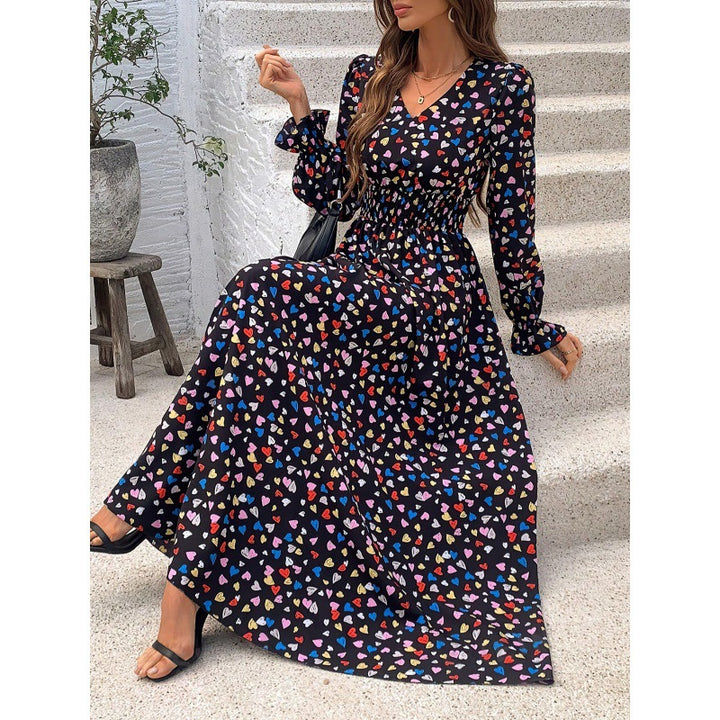 Dame Floral Trykt Maxi Kjole med Smock-talje og Lange Ærmer Stilla