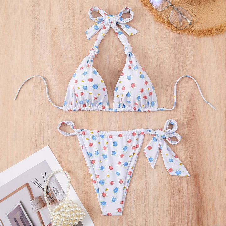 Dame blomsterprint bikini-sæt med legesyg bindemåde og høj udskæring Stilla