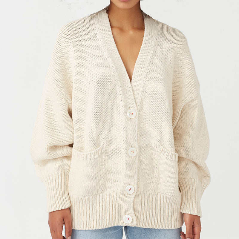 Dame Oversized Strikjakke med Lommer og V-Hals Stilla