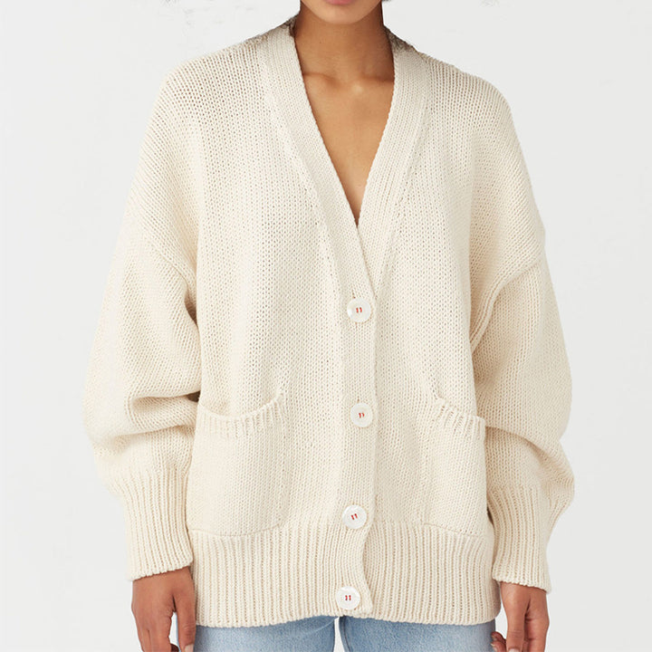 Dame Oversized Strikjakke med Lommer og V-Hals Stilla