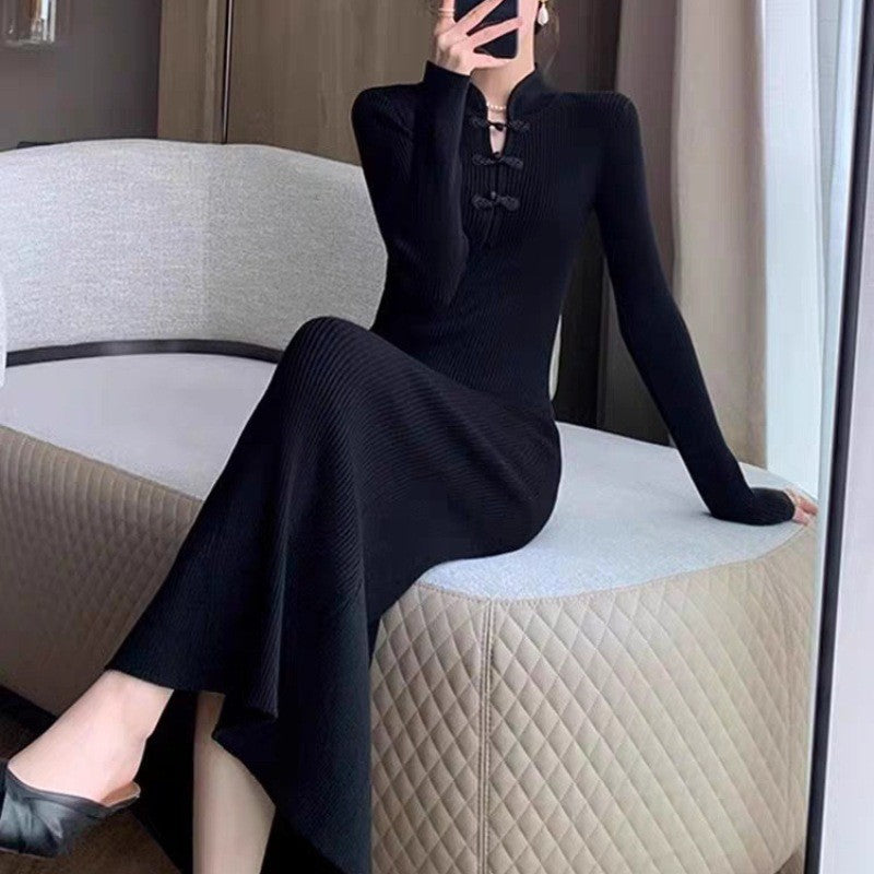 Femme Elegante Lange Ripp Maxi-Kjole med unik knaplukning Stilla