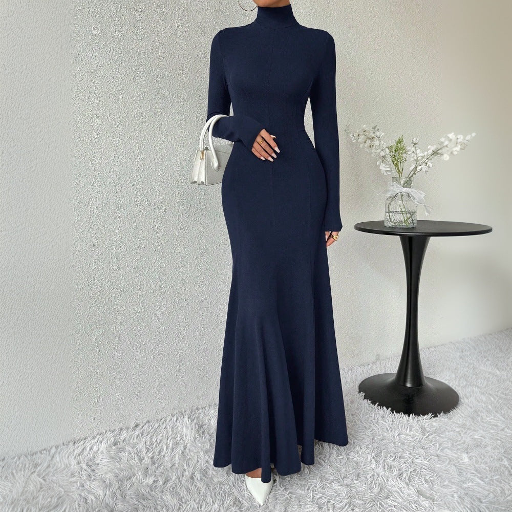 Dame elegant langærmet maxi kjole med høj krave og flagrende bund Stilla