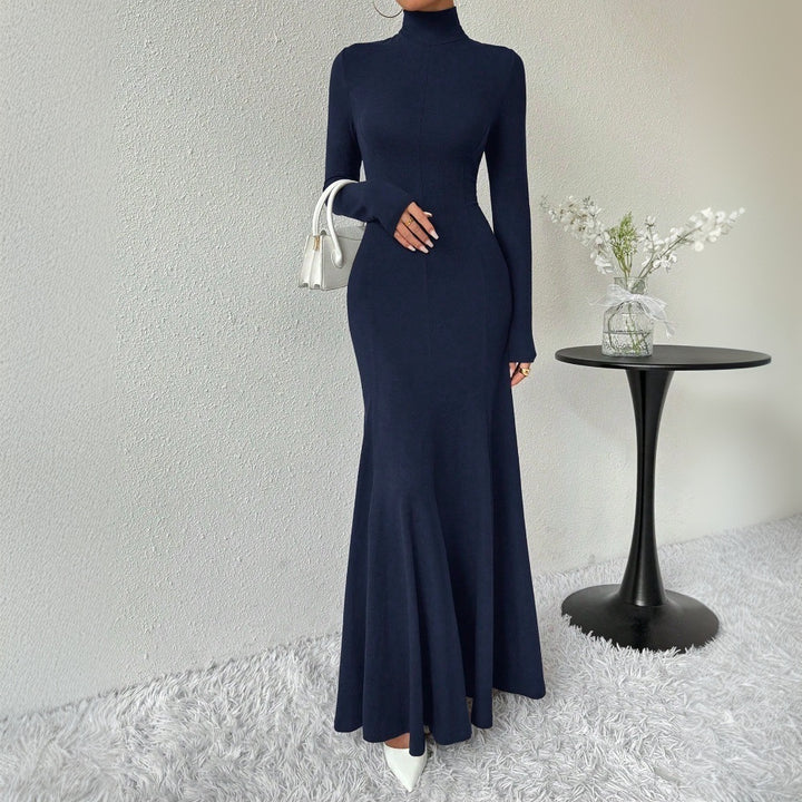 Dame elegant langærmet maxi kjole med høj krave og flagrende bund Stilla