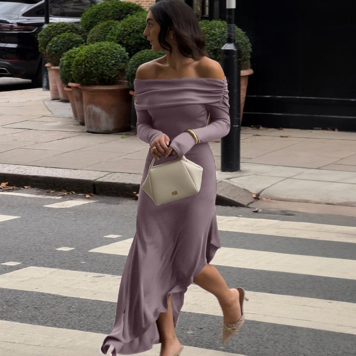 Dame elegant Off-Shoulder-maxikjole med asymmetrisk kant og rynkning Stilla