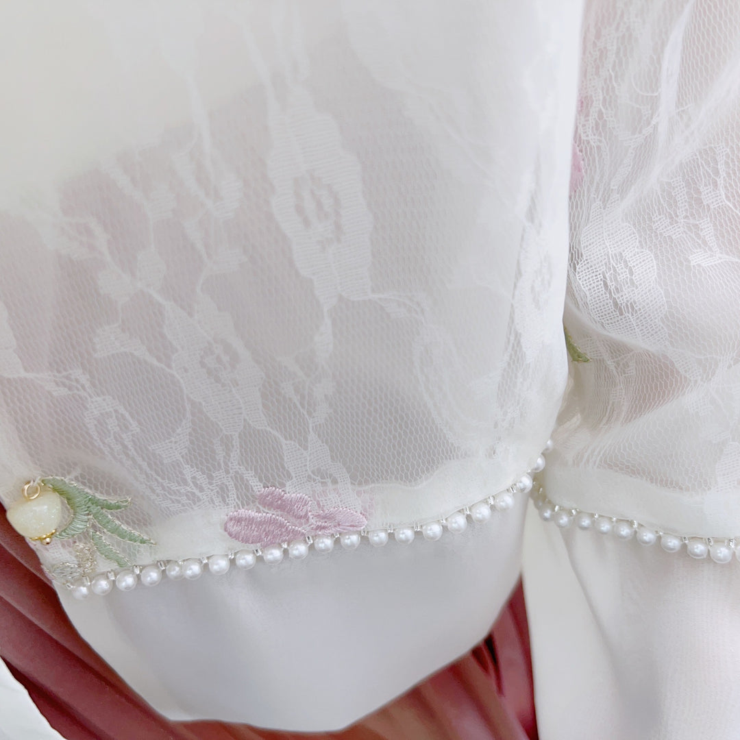 Dame Elegant Spids Jakke med florale Broderier og Perlesmykker Stilla