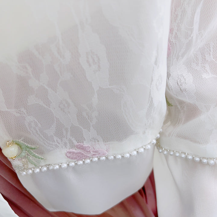 Dame Elegant Spids Jakke med florale Broderier og Perlesmykker Stilla