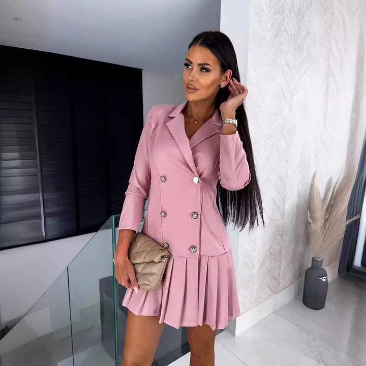 Dame elegant blazer-kjole med dyb V-hals og dekorative knapper Stilla