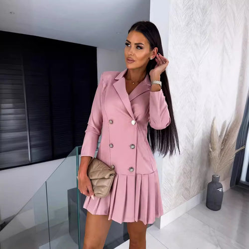 Dame elegant blazer-kjole med dyb V-hals og dekorative knapper Stilla