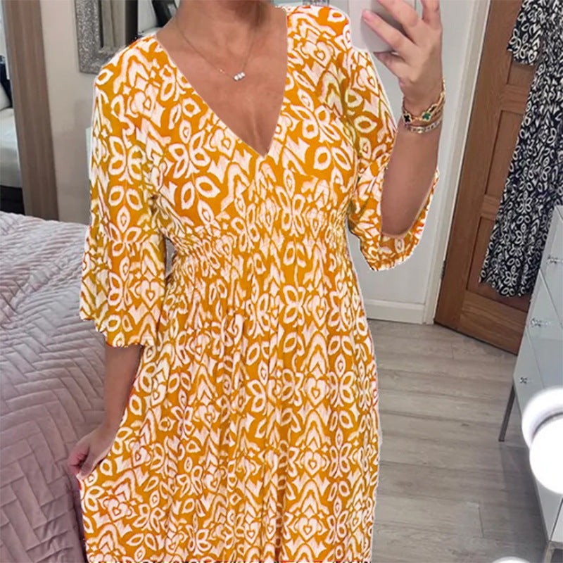 Stilla | Chic Plus Size V-hals Blomstret Løs Strandkjole