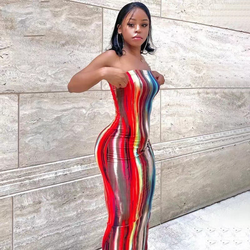 Dame båndløs Bodycon Maxi Kjole med farverige striber Stilla