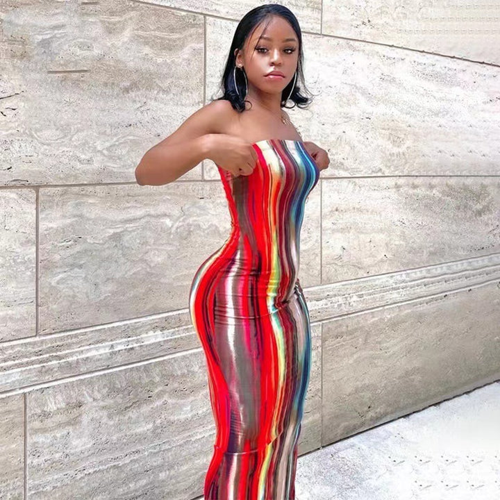 Dame båndløs Bodycon Maxi Kjole med farverige striber Stilla