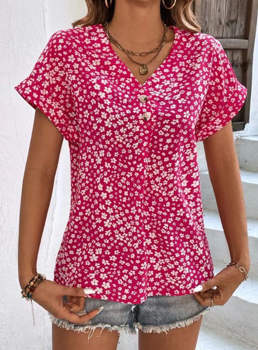 Dame bluse shirt med floral design og elegant V-udskæring Stilla