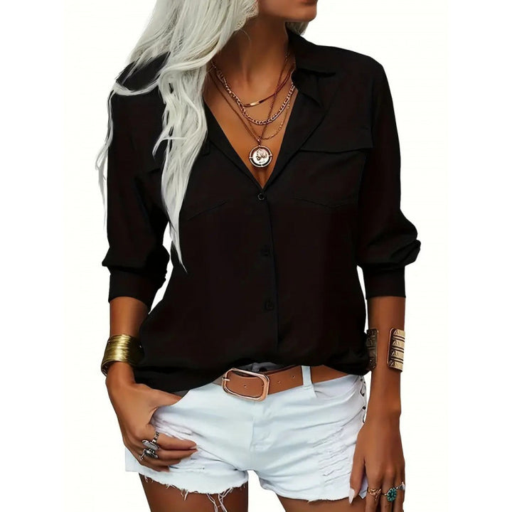 Dame elegant Button-Up Bluse med brystlommer og rullekrave Stilla