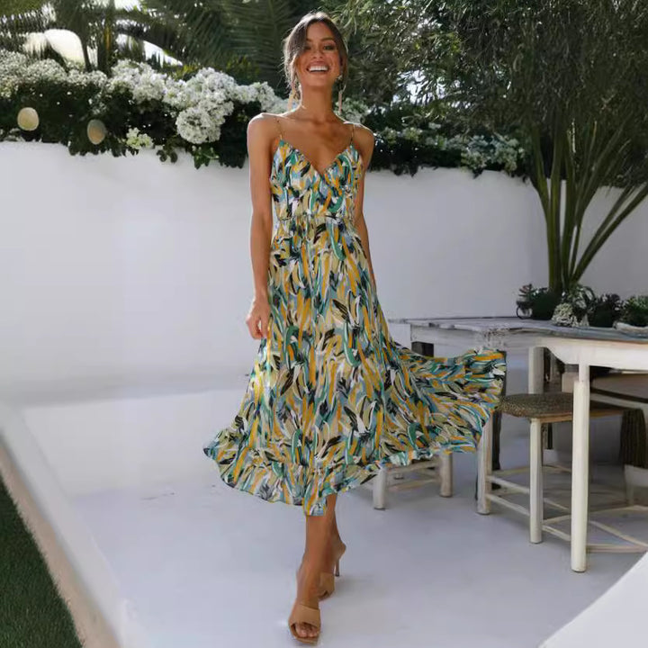Dame Bohemian Floral Maxi Kjole med justerbare Spaghetti-stropper Stilla