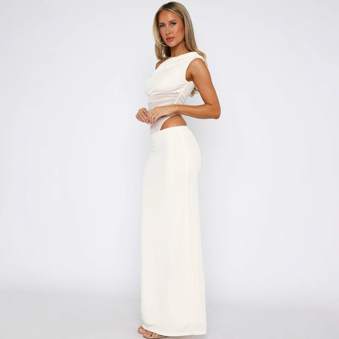 Dame Elegant Maxikjole med asymmetrisk snit og transparente indsatser Skovae